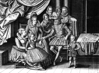 Französischer König Henri IV mit seiner Frau Marie de Medicis und zwei ihrer Kinder: der zukünftige Ludwig XIII und Elisabeth, Gravur von Leonard Gaultier und Le Clerc, ca. 1605