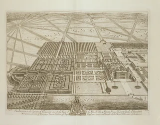 Badminton House in der Grafschaft Gloucester, graviert von Johannes Kip (um 1652-1722)