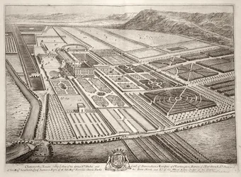 Chatsworth House, Sitz von William Cavendish (1640-1707), 1. Herzog von Devonshire, graviert von Johannes Kip