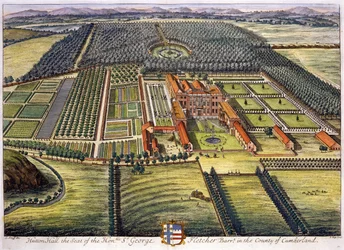 Hutton Hall in der Grafschaft Cumberland, graviert von Johannes Kip