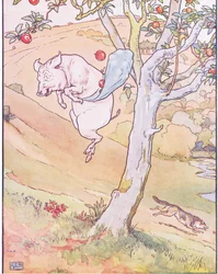 Sind das schöne Äpfel? Ja, sehr schön, sagte das kleine Schwein, ich werde dir einen herunterwerfen