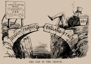 Die Lücke in der Brücke. Karikatur über die Abwesenheit der USA im Völkerbund, Dez. 1919.