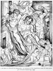In Massen wurden die Homunkuli zerstört, diese mysteriösen Wesen wurden von der menschlichen Industrie hingerichtet - in "Reise ins Land der vierten Dimension" von G. de Pawlowski, ill. von Léonard Sarluis (1874-1949), ed. Eugène Fasquel, Paris