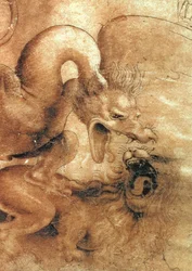 Detail des Drachen aus der Zeichnung Kampf zwischen einem Drachen und einem Löwen, braune Tusche mit Lavierung auf Papier
