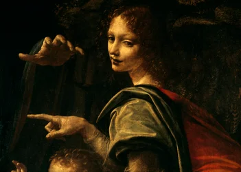 Detail der Jungfrau mit Felsen, Johannes der Täufer zeigt mit dem Finger und Hand der Jungfrau Maria