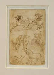 Zwei Reiter kämpfen gegen einen Drachen; ein Reiter und zwei Pferde; ein Hund und ein Pferd