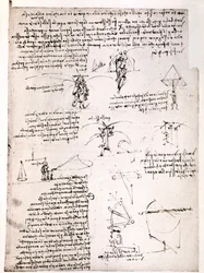 Auszug aus einem Da Vinci Manuskript: Originalmanuskript zur Beschreibung des Prinzips und der Konstruktion eines „Fallschirms“ (Manuskript)