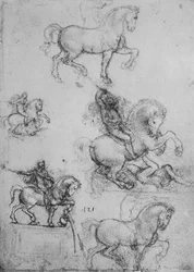 Fünf Studien von Pferden und Reitern, ca. 1480, 1945