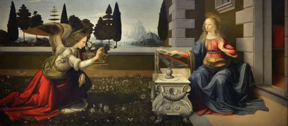 Italien Toskana Florenz, Uffizien: Die Verkündigung, Gemälde von Leonardo da Vinci (1452-1519), Öl auf Holz, ca. 1472-1475, 98x217 cm