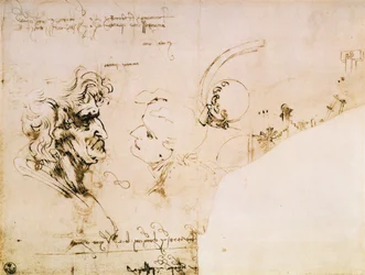 Studie von zwei Köpfen im Profil und Studien von Maschinen