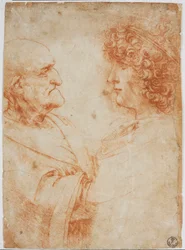 Zwei männliche Profile, ein alter Mann und ein junger Mann - Der junge Mann stellt Gian Giacomo Caprotti, genannt Andrea Salai oder Salaij (circa 1480-1524), Leonardos Schüler und Geliebten, dar - Rötelzeichnung von Leonardo da Vinci (Léonard de Vinci)