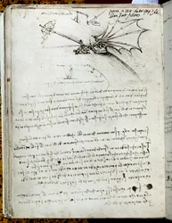 Flügeltraining. Flugmaschinenzeichnung. Manuskript von Leonardo da Vinci