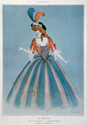 Komödiantin Gabrielle Charlotte Reyu genannt Rejane (1856-1920) in der Rolle der Montansier. Aquarell von Leonetto Cappiello (1875-1942). Paris, dekorative Künste