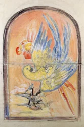 Vorbereitende Zeichnung für die Rückseite eines Art-Deco-Stuhls für den Salon von Le Perroquet, Gouache von Leonetto Cappiello (1875-1942), Italien, 20. Jahrhundert
