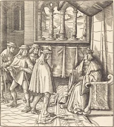 Ein König auf einem Thron, vor ihm vier Männer