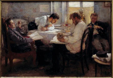 Am Vorabend der Prüfung. Studenten überprüfen die Prüfungen. Gemälde von Leonid Osipovich Pasternak (1862-1945) 1895