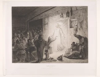 Christus erscheint in einem Gasthaus, eine junge Frau kniet vor ihm nieder