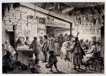 Ansicht des Inneren des Kabaretts des Weißen Kaninchens, abgerissen 1860. Gravur von Leopold Flameng (1831-1911) 1863 Paris, Musée Carnavalet