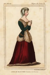 Anne Rogier de Beaufort, Vicomtesse de Turenne 1435-1479. Handkolorierte Lithographie nach einem Glasfenster in der Kirche der Cordelieres de Nantes in Roger de Gaignieres