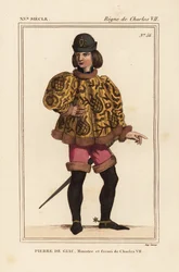 Pierre de Giac, Kämmerer von König Karl VII. von 1377-1426. Durch Ertränken in Dun-Le-Roi hingerichtet. Er trägt eine kurze Kasel mit Mahoitres-Ärmeln, rosa Pantalons und Stiefel mit Sporen. Handkolorierte Lithographie nach einer Miniatur in einem Manuskri