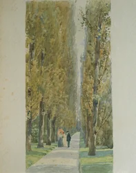 Giuseppe Verdi im Gespräch mit Freunden entlang der Allee in seiner Villa in Sant