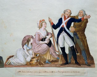 Ein Freiwilliger, der zur Armee geht, umarmt seinen Vater, seine Mutter und seine Schwester. Gouache der Brüder Lesueur (18. Jahrhundert). Paris, Carnavalet Museum