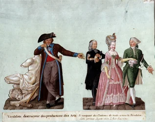 Französische Revolution: Ein Vandale, Zerstörer von Kunstwerken, verspottet die Kostüme zweier Adliger und eines Abtes mit einem kleinen Hund