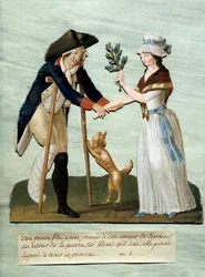 Französische Revolution: „Ein junges Mädchen findet ihre versprochenen Wunden nach dem Krieg und hält ihr Versprechen zu heiraten“ Gouache der Brüder Lesueur (18. Jahrhundert). Paris, Musée Carnavalet