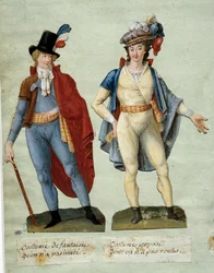 Französische Revolution: Kostüme von Fantasierevolutionären, die nicht nachgeahmt wurden. Gouache der Brüder Lesueur (18. Jahrhundert)