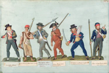 Sansculotte, der seine Pfeife anzündet, junger Metzger, Bürger auf dem Weg zur Wache, Jäger, Bürger, der seine Freiheit verteidigt, Sansculotte auf Wache