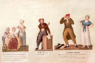 Die Jakobinerstricker, ein Jakobiner und die rote Mütze (Gouache auf Papier)