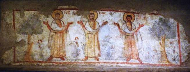 Wandmalerei zeigt Heilige beim Gebet, Caesarea, Israel, 6.-7. Jahrhundert