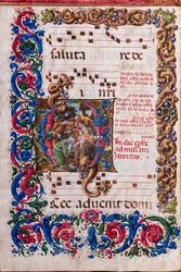 Piccolomini-Bibliothek: Chorbuch, cod. 19.4, ff. 9v mit „Anbetung der Heiligen Drei Könige“, von Liberale da Verona (ca. 1445 - 1527/9)