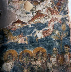 Engel und Heilige, Fresko im Kloster Agios Georgios, Diavaide, Kreta, Griechenland