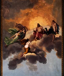 Christus und Engel, Fresko an der Decke des Eingangs zum Schlafzimmer des Königlichen Apartments, Herzogspalast, Lucca, Toskana, Italien