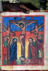 Kreuzigung, Manuskript im Museum der Kirche St. Maria von Zion (17. Jahrhundert), Aksum (Unesco-Welterbeliste)