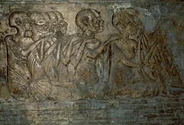 Ausländische Gäste überreichen Geschenke an Königin Nofretete, Basrelief aus dem Grab von Merire, Nekropole von Tell el-Amarna, Ägypten, ägyptische Zivilisation, Neues Reich, 18. Dynastie