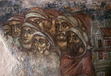 Fresko mit Männergruppe, byzantinische Kirche Ayios Stephanos, Drakona, Kreta, Griechenland