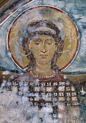 Fresko mit Heiligem in der byzantinischen Kirche Agios Georgios, Vathi, Kreta, Griechenland