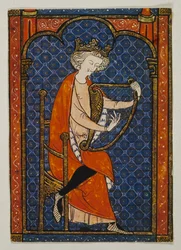 König David spielt die Harfe, Miniatur aus hebräischem Manuskript