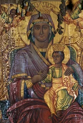 Madonna mit Kind, vergoldetes Gemälde, byzantinische Kirche Agios Georgios, Vathi, Kreta, Griechenland