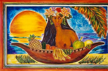 Bemaltes Glas mit der Darstellung einer polynesischen Frau, Insel Moorea, Gesellschaftsinseln, Französisch-Polynesien (Überseegebiet der Französischen Republik), Detail