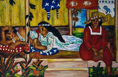 Polynesische Frauen, Buntglasfenster, Insel Moorea, Gesellschaftsinseln, Französisch-Polynesien, Überseegebiet der Französischen Republik