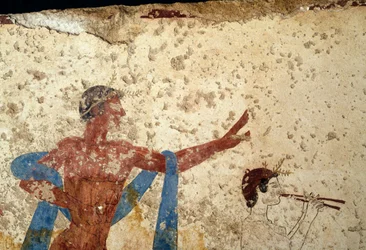 Prozession mit Athlet, Detail, Fresko aus dem Grab des Tauchers, Paestum, Kampanien, Italien, antike griechische Zivilisation, Magna Graecia, 3. Jahrhundert v. Chr. (Foto)