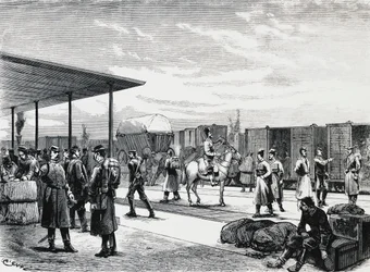 Russischer Militärkonvoi im Bahnhof Bustiu, auf der Strecke Bukarest-Galati, Russisch-Türkischer Krieg, Gravur, Rumänien