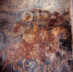 Heilige zu Pferd, Fresko in Kirche, Komitates, Kreta, Griechenland (Foto)