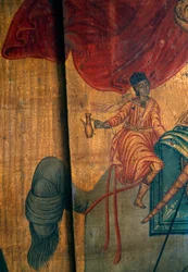St. Georg und der Drache, Detail des Holzpaneels in der Kirche Agia Paraskevi, Anisaraki, Kreta, Griechenland (Detail)