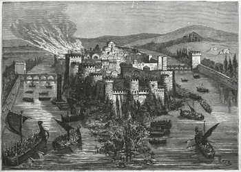 Wikinger belagern Paris im Jahr 845 (Gravur)