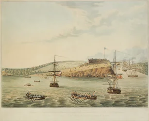 Angriff auf Fort Oswego, Lake Ontario, Nordamerika. 6. Mai 1814, Mittag, und Sturm auf Fort Oswego durch das zweite Bataillon der Royal Marines und eine Gruppe von Seeleuten, 15 Minuten nach zwölf Uhr mittags, graviert von R. Havell, 1815