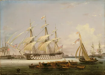 Ein Dreidecker läuft in den Hafen von Portsmouth ein, 1836
